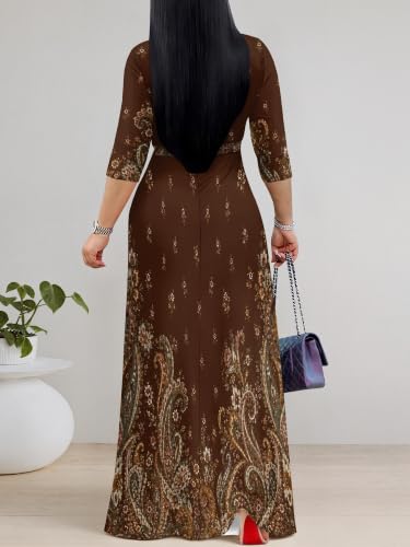 Image of Maxi Dress for Women with Sleeves, Empire Waist Dress | A-line shape, self-tie belt, side pockets and pull-on design; stretch fabric for church, work and casual wear