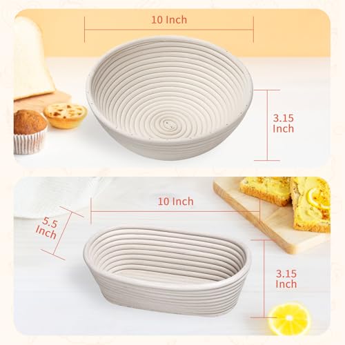 PeacePeo 10 Inch Round & Oval Sourdough Proofing Basket Set, Banneton Bread Proofing Basket with Starter Jar, Sourdough Starter Kit Includes Bread Knife & Bread Board Natural Rattan for Perfect Loaves