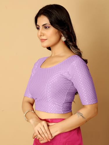 Image of Amazon Brand - Anarva Round Neck Dobby Cotton Lycra Stretchable Elbow Half Sleeve Readymade Saree Blouse for Women Stylish