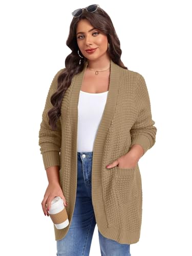 Image of LARACE Long Cardigans for Women Plus Size Tops Open Front Sweaters with Pockets Waffle Ribbed Sleeve Loose Fall Outwear