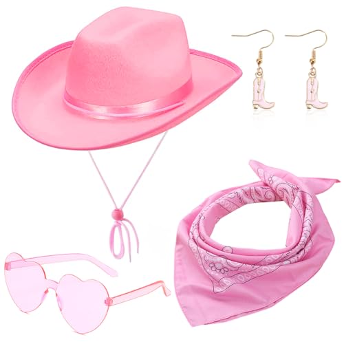 Cowboyhoed, 4 stuks cowgirl hoeden met bril, bandana en oorbellen, cowboyhoed, vilten hoed, dames set, kostuum, cowgirl, accessoires voor cosplay, carnaval, fancy dress, feest (roze)