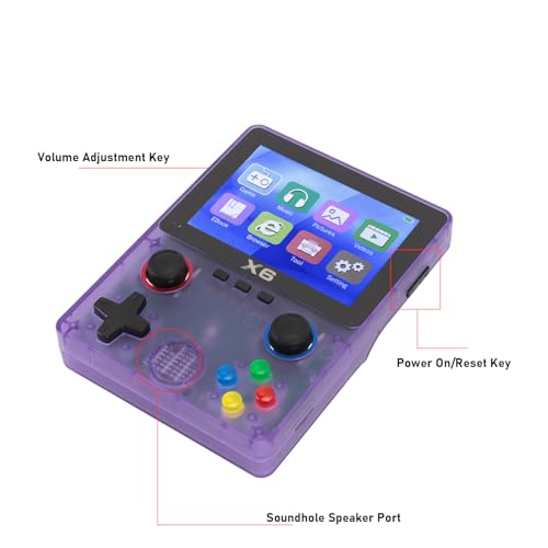 デュアル 3D ロッカー付き X6 ハンドヘルド ゲーム コンソール、3.5 インチ IPS スクリーン レトロ ゲーム コンソール - 11 エミュレータ サポート、10000 以上のゲーム内蔵、2 プレイヤー サポート (32G) (透明な紫色)