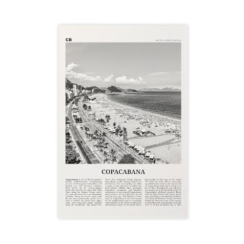 Copacabana - Póster de pared en blanco y negro, póster de Copacabana, foto de Copacabana, mapa de Copacabana, Río de Janeiro, Brasil, lienzo para decoración de dormitorio, paisaje, oficina, habitación