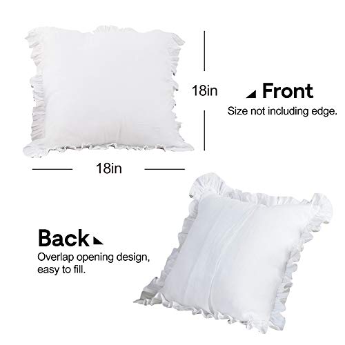 King Linens 100% French Linen Throw Pillow Covers - Set Of 2 - Washed Flax Decorative Ruffled Square Cushion Cover Solid Color Soft Breathable - White, 18'' X 18'' #TOP3