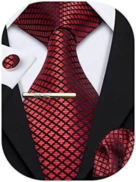 Barry.Wang Men Paisley Floral Silk Tie Set Necktie Solid Handkerchief Cufflinks Tie Clip Wedding Business (Solid Black Flower)
