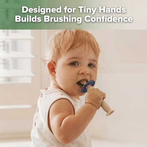 Image of haakaa 360 Baby Toothbrush with Suction Base - Beige + Steel Blue