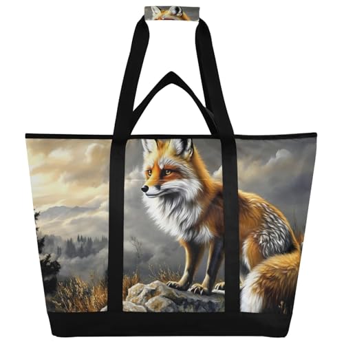 Fox Golden Rock Large Insulated Tote Bag for Grocery Shopping Reusable Tote Bags for Women Men, Cooler Bag with Zippered Top & Handles for Beach Picnic Travel
