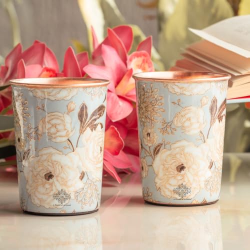 Image of INDIAN ART VILLA Copper Gold Print Design Glass - 275 ML, Ayurvedic Copper Drinkware for Daily Use, Elegant Handcrafted Water Glass for Home, Office, and Gifting, Set of 2