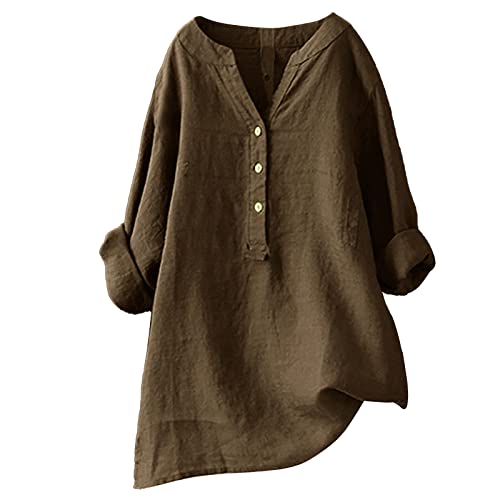 Tunique Grande Taille Femme Chic Chemisier Blouse Haut Habillé Liquette Chinois Manche Longue Col V Vetement pour Ronde Mode 2024 Marron XL
