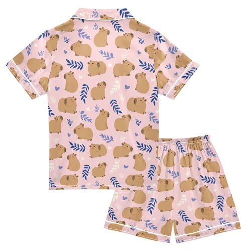 senya Cute Capybara with Leaves Satin Summer Pajama Sets Silk Short Sleeve Button Down Sleepwear2