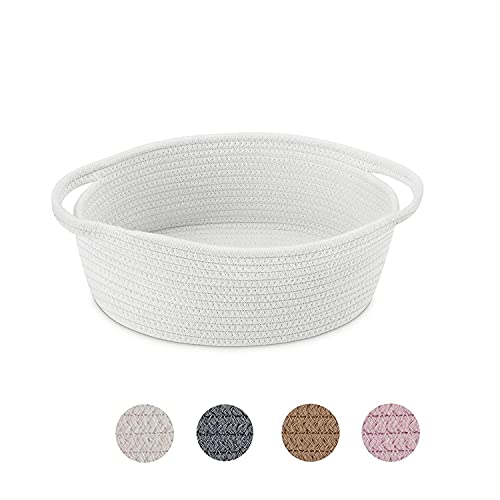 KASTWAVE Small Woven Cotton Rope Basket | Oval Room Storage Basket | Cat Basket Chest Box Empty Gift Basket with Handles 12 x 8 x 5 Shelf Storage Basket (White)