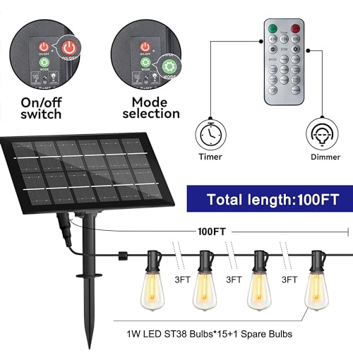 Stright Solar Powered String Light 100FT with Remote Control 8 Light Modes, Weatherproof Shatterproof ST38 LED Bulb 30 S - Additional View