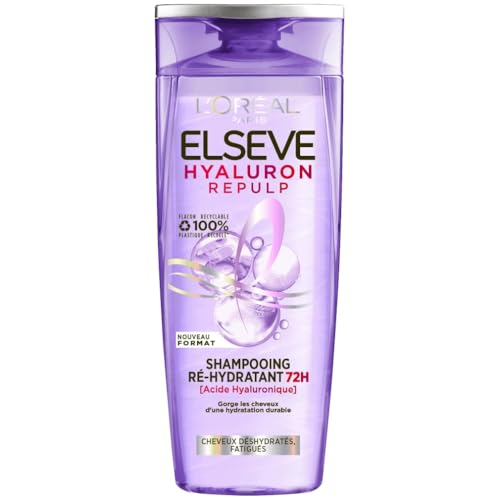 L'Oréal Paris - Shampooing Ré-Hydratant pour Cheveux Déshydratés et Fatigués - Hydratation 72H - Brillance - À l'Acide Hyaluronique - Elseve Hyaluron Repulp - 300 ml