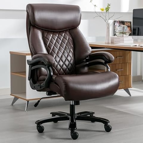BOWTHY Big and Tall Office Chair 400 lbs - Executive Leather Swivel Chair with Arms, High Back Desk Chair with Adjustable Lumbar Support Heavy Duty Metal Base, Office Chairs for Heavy People (Brown) Cover