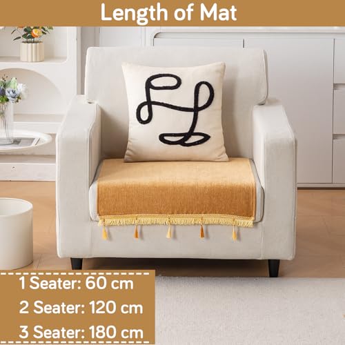 Image of HOKIPO 'Serenity Tassel' Chenille 1 Seater Sofa Cover with Tassel - Sunlit Amber (IN-890-GLD)
