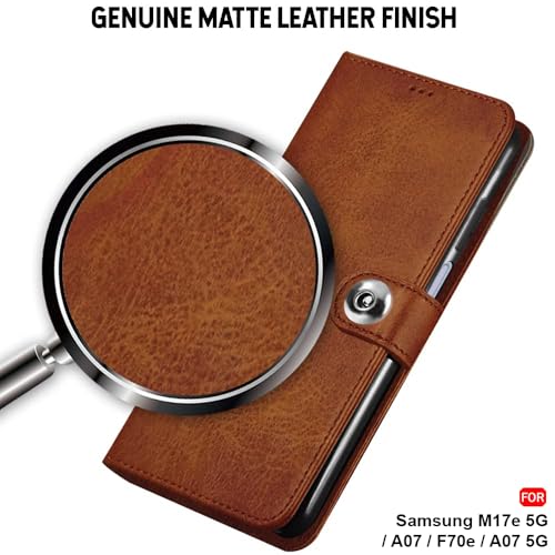 Image of TheGiftKart Flip Cover Back Case for Samsung Galaxy M17e 5G / A07 / F70e / A07 5G | Genuine Leather Finish | Designer Button | Inbuilt Pockets & Stand | Flip Back Cover Case (Faux Leather, Brown)