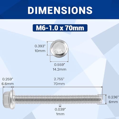 Image of M6-1.0 x 70mm Serrated Flange Hex Bolts + Flange Nut + Flat Washer + Lock Washer Combo Pack, 304 Stainless Steel 18-8, for Automotive & Machinery, 10 Sets