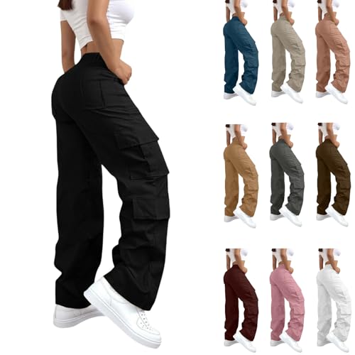 Women High Waisted Wide Leg Cargo Pants with Pockets Casual Trousers Y2K Streetwear Baggy Stretchy Ankle Pants