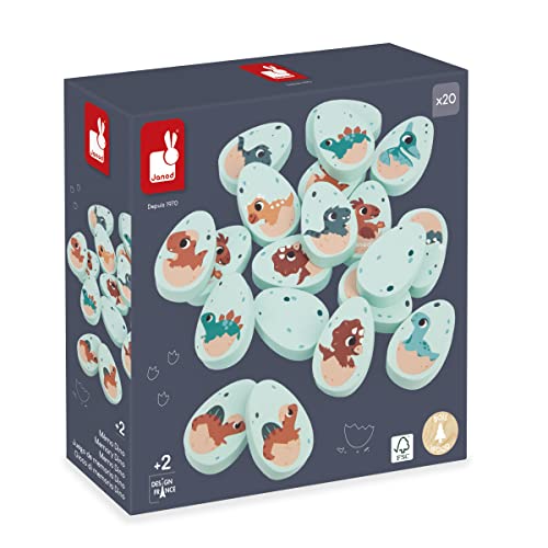Janod Mémo Dino-20 Pièces en Bois en Forme d'Œufs Dino-10 Paires de Bébés Dinosaures-Jeu de Mémoire Enfant-Dès 24 Mois, J05826, Multicolore