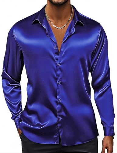 Image of Hi-Tie Men's Silk Satin Dress Shirts Long Sleeve Shiny Casual Button Up Shirts Luxury Party Disco Prom Wedding Shirt