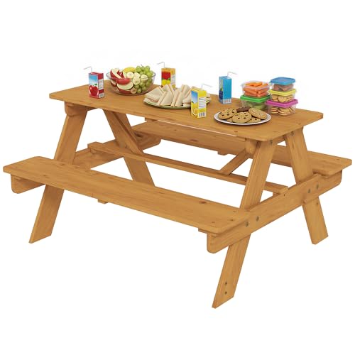 AIYAPLAY Ensemble Salon de Jardin extérieur Enfant, Table Pique-Nique Enfant avec bancs, Cadre en Bois Massif, pour Jardin, pelouse, Camping, Bois Naturel