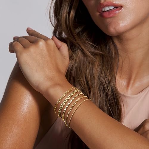 'Gokeey Dainty Gold Chain Bracelets Set for Women 14K Real Gold Plated Link Chain Bracelets for Women Trendy Gold Stackable Cuff Bracelets for Jewelry Gifts Women Adjustable 7''+2'''