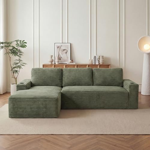 Image of 104 inch L Shaped Boneless Sectional Couches for Living Room, Comfy Corduroy Floor Cloud Sofa with Chaise and Cup Holder, Wide Armrest, Deep Seat, Assembly Free, Ideal for Small Spaces, Green