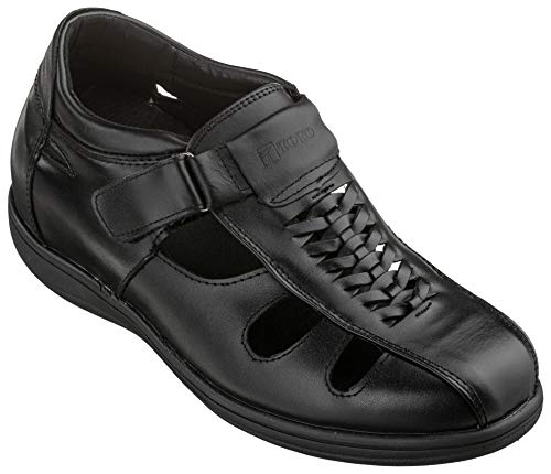 TOTO Men's Invisible Height Increasing Elevator Shoes - Black Leather Slip-on Super Lightweight Open-toe Sandals - 3.2 Inches Taller - G1307 - Size 9 D(M) US