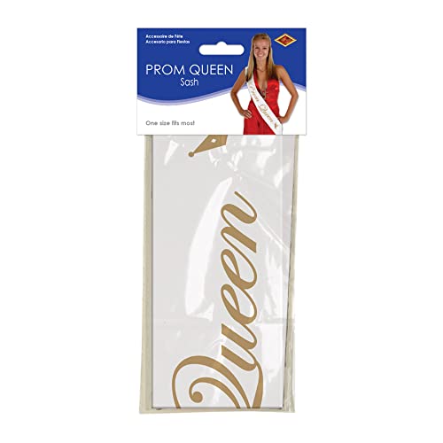 Image of Beistle Prom Queen Satin Party Sash, 33 inch x 4 inch, White /Gold