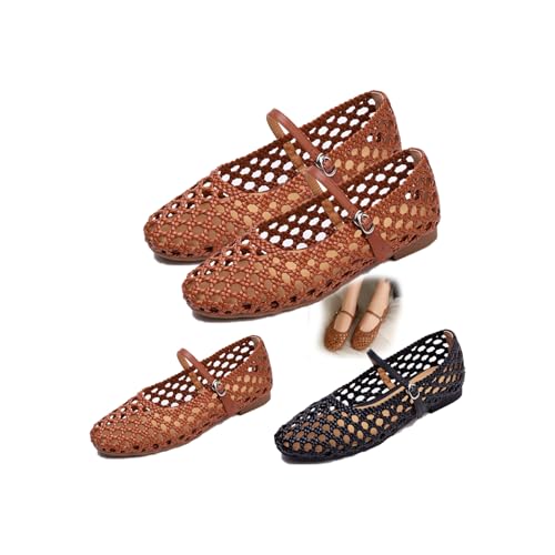 Woven Mesh Ballet Flats for Women Faux Mary Jane with Adjustable Strap & Memory Foam Womens Summer Flats Shoes