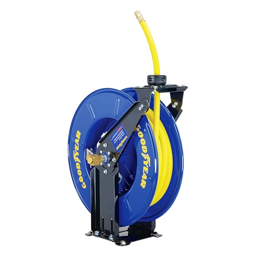 GOODYEAR Air Hose Reel Retractable 3/8 Inch x 50 Feet Long Premium Commercial SBR Hose Max 300 Psi Reinforced Steel Construction Heavy Duty Spring Driven Industrial Dual Arm & Pedestal