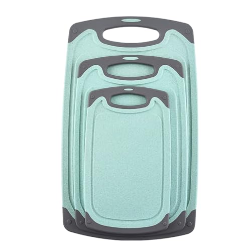 Kitchen Cutting Boards, Anti-Skid Eco-Wheat Straw Vegetable Board Set (3 Pcs), Dishwasher Safe (Light Green)