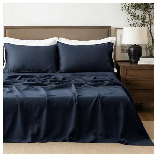 S VICTORY SYMBOL 100% Organic Linen Sheets Set,French Natural Flax Bedding Ultra Soft Luxurious Stone Washed 4 Pieces Bed Sheet Set(Navy,Queen)