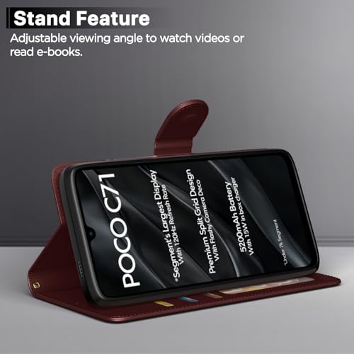 Image of Amazon Basics Flip Cover for Poco C71 / Redmi A5 Leather Finish | Wallet Stand and Shock Proof | Inside TPU with Card Pockets | Complete Protection Flip Case(Brown)