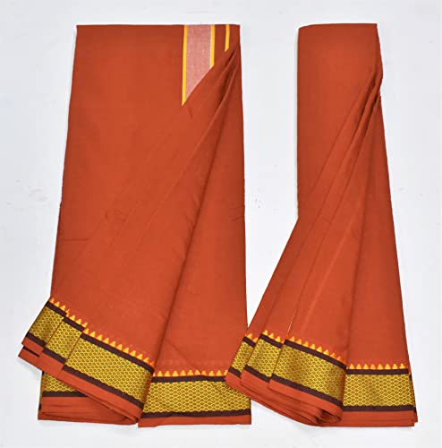 Image of TUNI MANI Men's Panchakacham Dhoti with Angavasthram with Zari Border, Cotton, Size: 9 X 5 (4.0mtr Dhoti, 2.25mtr Towel)