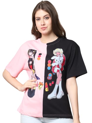 Image of Fabflee Oversized Cotton Baggy Drop Shoulder Graphic Tee with Half Sleeves | Korean Casual Loose T-Shirt for Women