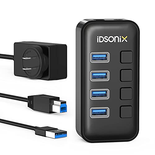 iDsonix USB 3.0 Hub, 5-Port 12V/2A Powered USB Hub with 1 Smart Charging Port, 5Gbps Transfer Speed USB Splitter Individual LED Switches USB-A Hub for PC, Desktop, Laptop, HDD, SSD, Printer, ect