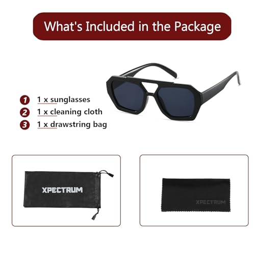 Image of Xpectrum Retro Trendy Aviator Sunglasses for Womens Mens Vintage Hexagonal Square Double Bridge Sun Glasses X9666 (Black), 65mm