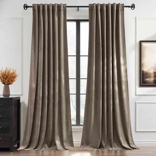 Image of StangH Taupe Velvet Curtains 90 Inch Length, Luxury Soft Khaki Drapes for Guest Room, Thermal Insulated Energy Efficient Window Panels for Dorm with Back Tab & Hook Belt, W52 x L90, 2 Panels