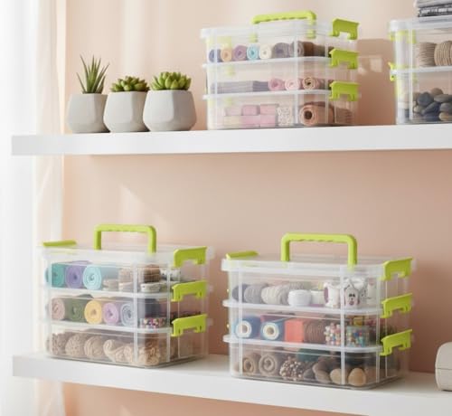 Image of plastic boxes for Storage transparent boxes for storage, Portable & Stackable Space Saving Organiser with Lid for Medicine, Jewelry, Arts & Crafts, Buttons, Beads (Green, 4 TIER)