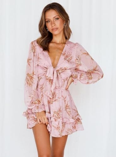 Image of AlvaQ Womens Spring Summer Knot Front V Neck Ruffles Long Sleeve Floral Print Swing Mini Dress, Medium