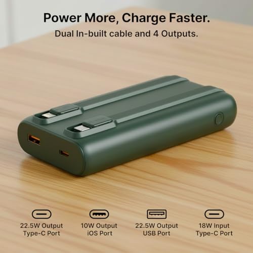 Image of pTron 20000mAh Powerbank w / 22.5W Fast Charging, USB & Type C Output, Built-in Cables, Compatible w /Power Delivery, Quick Charge for iPhone, Android Mobile & Tablets, Dynamo Storm (Pine Green)