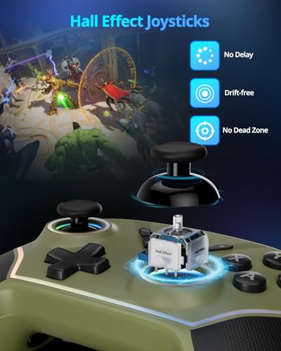 Image of Multi-Platform Wireless Controller, PC Gaming Controller with 2.4G Adpater /Hall Joysticks /Hall Triggers /1200 mAh Battery /4 Programmable Buttons /RGB Lighting, Compatible with PC Windows 7 /8.1 /10 /11, Switch /OLED /Lite, iOS, Android, Steam-Army Green