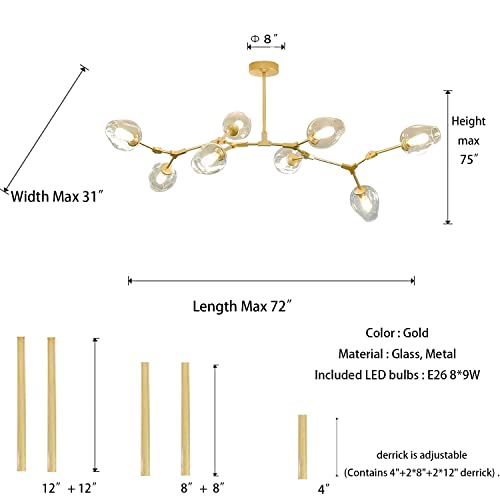 Idequy Long 72'' Glass Chandeliers 8-Light Sputnik Chandelier Dining Room Branch Boom Chandeliers Bedroom Living Room Attic Outdoor Courtyard Glass Shade Lighting Fixture With Led 3Colour Bulbs #TOP1