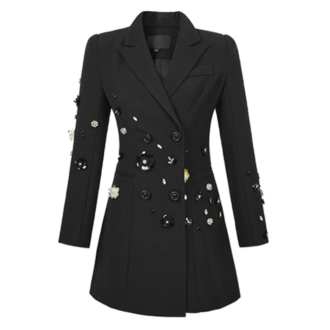 Womens Elegant Blazer with French-Style Diamond Sequined Flowers Business Dress