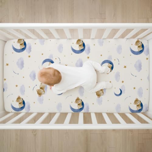 Image of 4 Pack Teddy Bear Crib Sheet Set for Boys or Girls, Neutral Soft Breathable Fitted Checkered Crib Sheet, Bear Nursery Decor for Standard Crib and Toddler Bed Mattresses 28 x 52 in