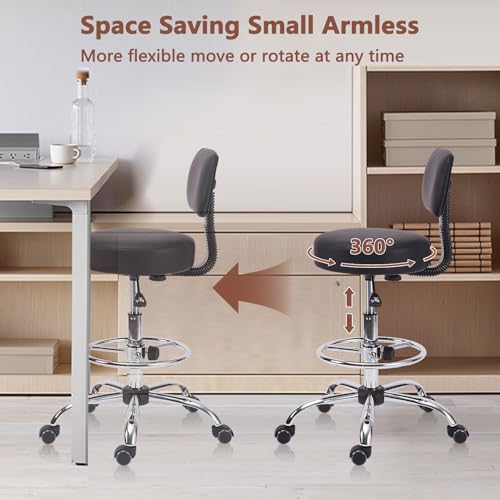Image of KLASIKA Drafting Chair with Backrest, Adjustable Foot Rest Height Rolling Stool with Wheels, Leather Swivel Work Shop Office Stools Chairs, Thick Seat Cushion Tall Kitchen Home Bar Stool - Black