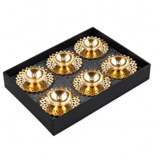 Image of Klassic 1.4 Inch Pure Brass Flower Design Akhand Deep Vilakku | Center Wick Pital Diya for Daily Puja, Home Temple, Festivals, Housewarming, Wedding & Return Gifts | Pack of 6