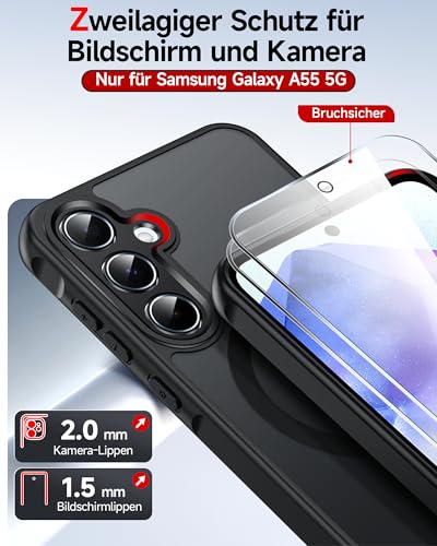 LeYi für Samsung Galaxy A55 5G Hülle für Magsafe mit 2X Panzerglas-Schwarz – Ansicht 4