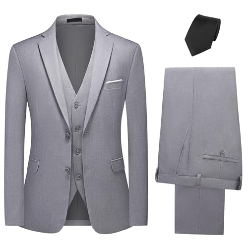 KUDMOL Costume Homme 3 Pièces Mariage Business Slim Fit Smoking à Deux Boutons de Couleur Uni à la Mode Blazer Veste et Pantalon Gilet avec Cravate(Gris...